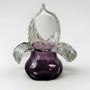 UV Reactive Amethyst Glass Flower Vase Clear Attached Leaves Handle Hand Blown